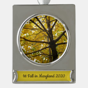 Pair of Yellow Maple Trees Autumn Nature Silver Plated Banner Ornament