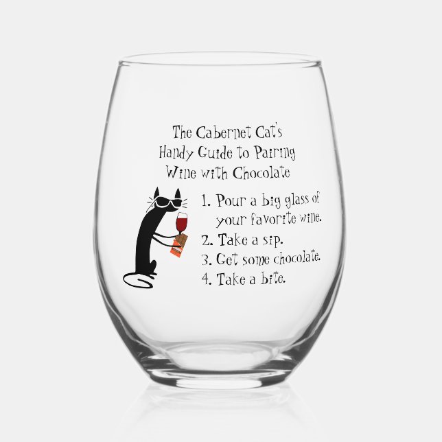 Pairing Wine with Chocolate Funny Cat Stemless Wine Glass (Front)