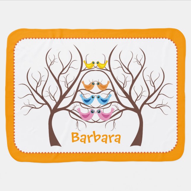 Pairs of cute twin birds in tree orange baby blanket (Horizontal)