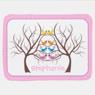 Pairs of cute twin birds in tree pink stroller blanket