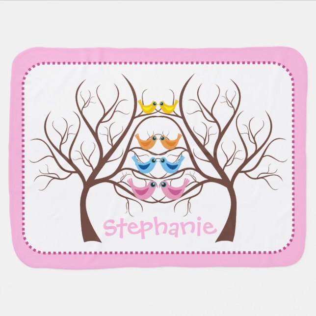 Pairs of cute twin birds in tree pink stroller blanket (Horizontal)