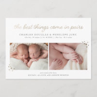 Pairs Twin Birth Announcement in Faux Gold Foil