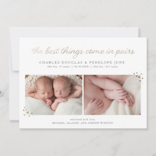 Pairs Twin Birth Announcement in Faux Gold Foil