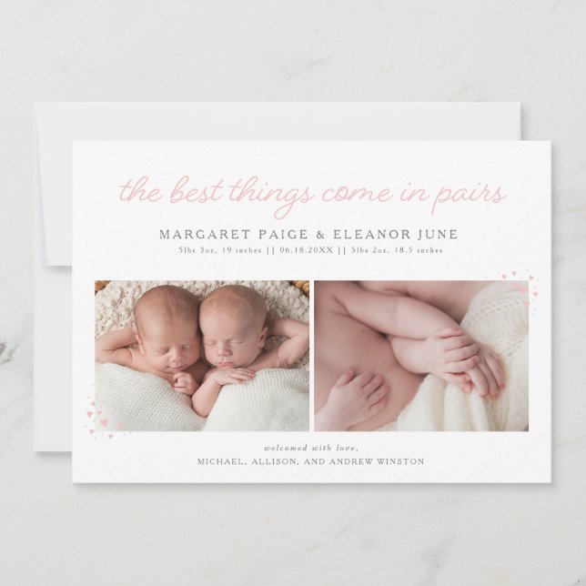 Pairs Twin Birth Announcement with Pink Hearts (Front)