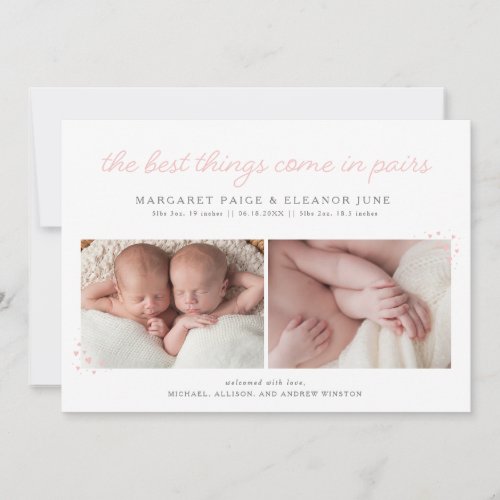 Pairs Twin Birth Announcement with Pink Hearts