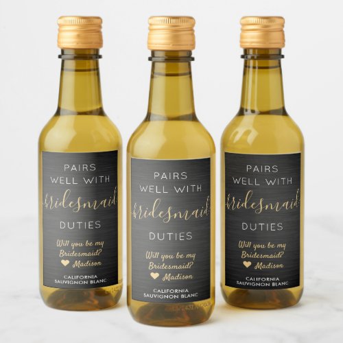 Pairs Well Bridesmaid Proposal Black and Gold Mini Wine Label