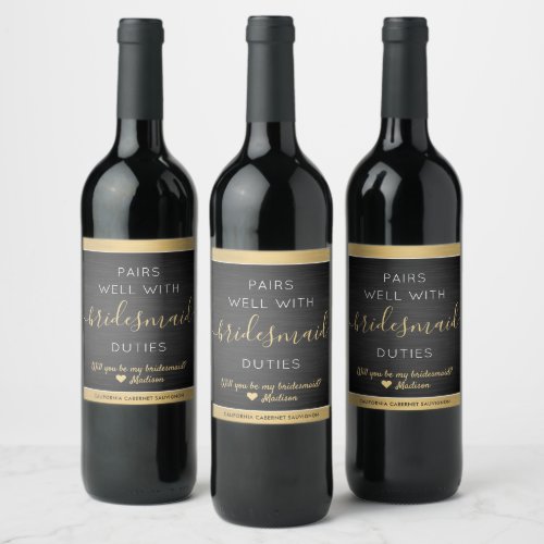 Pairs Well Bridesmaid Proposal Brushed Black Gold Wine Label