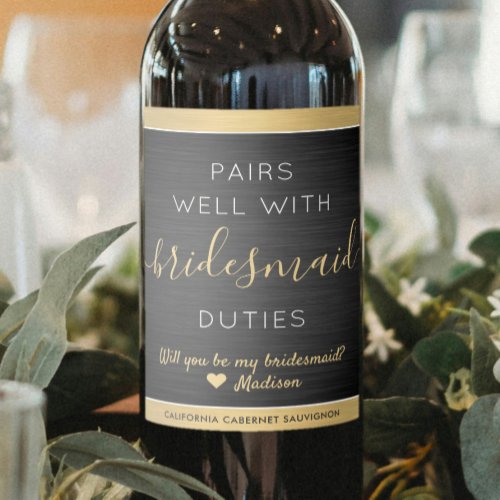 Pairs Well Bridesmaid Proposal Brushed Black Gold Wine Label