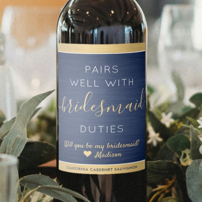 Pairs Well Bridesmaid Proposal Brushed Blue & Gold Wine Label (Creator Uploaded)