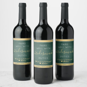 Pairs Well Bridesmaid Proposal Brushed Green Gold Wine Label