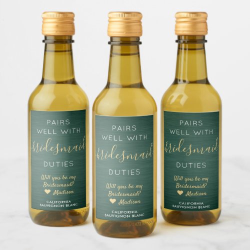 Pairs Well Bridesmaid Proposal Green and Gold Mini Wine Label