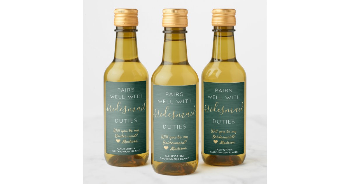 Pairs Well Bridesmaid Proposal Green and Gold Mini Wine Label