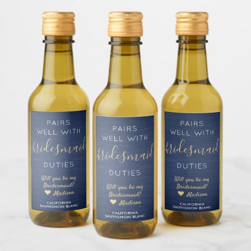 Pairs Well Bridesmaid Proposal Navy Blue Gold Mini Wine Label