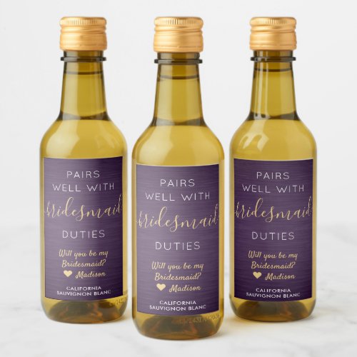 Pairs Well Bridesmaid Proposal Purple  Gold Mini Wine Label