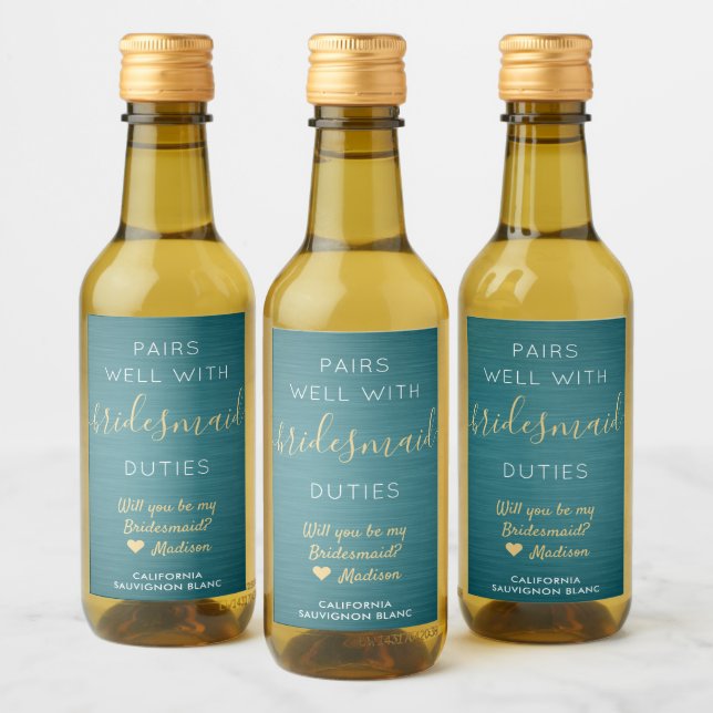 Pairs Well Bridesmaid Proposal Teal Blue Gold Mini Wine Label (Bottles)