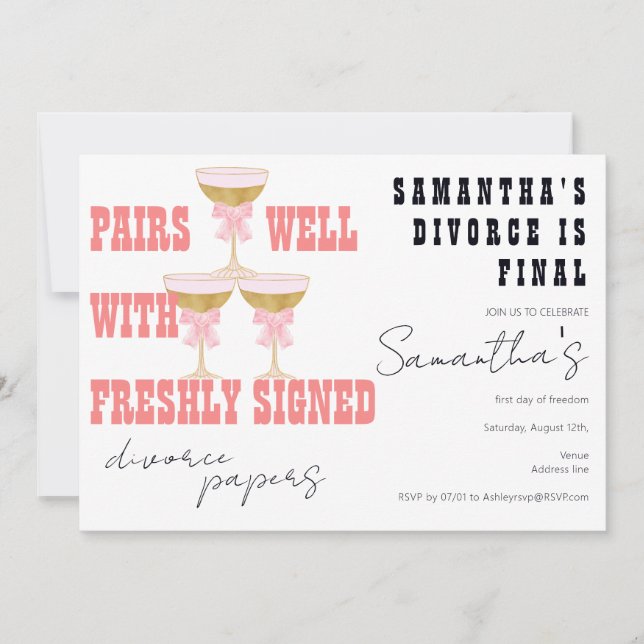 Pairs Well Divorce Papers Coquette Champagne Party Invitation (Front)