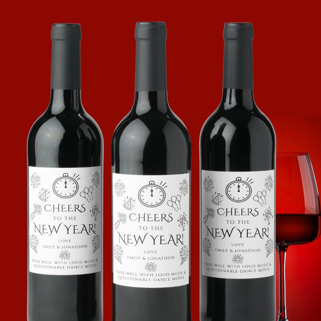 Pairs Well Doodles Black Cheers to New Year Party Wine Label (Creator Uploaded)