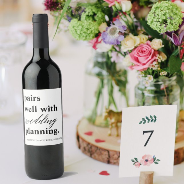 Pairs Well Wedding Planning Custom Name Engagement Wine Label (Creator Uploaded)