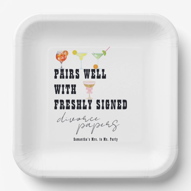 Pairs Well with Divorce Papers Dirty Martini Party Paper Plates (Front)