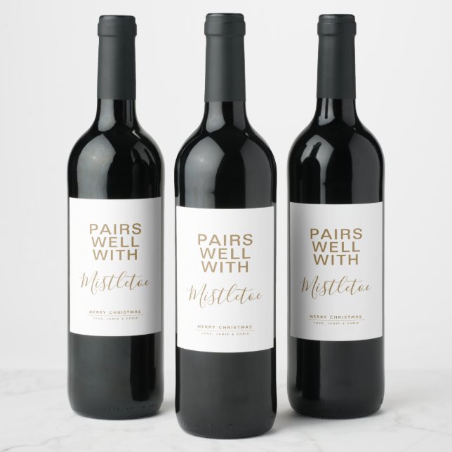 Pairs Well With Mistletoe Christmas Minimalist Wine Label (Bottles)