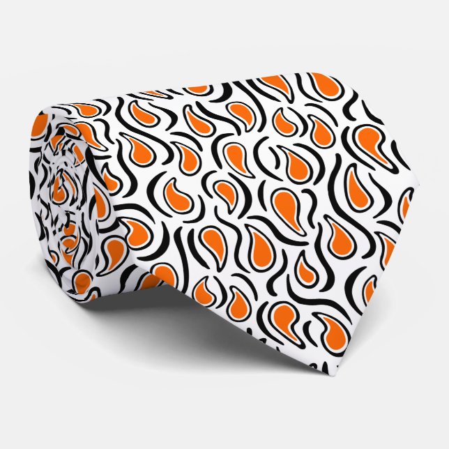Paisley Abstract 230523 - Orange, Black and White Neck Tie (Rolled)