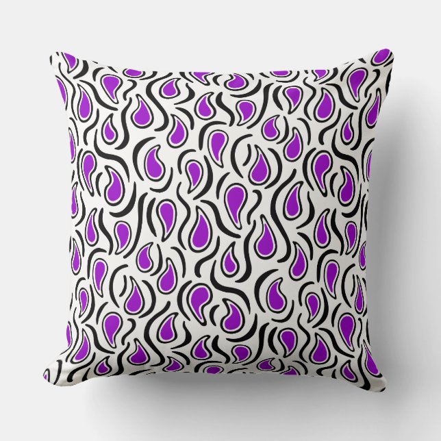 Paisley Abstract 230523 - Purple, Black and White Throw Pillow (Front)