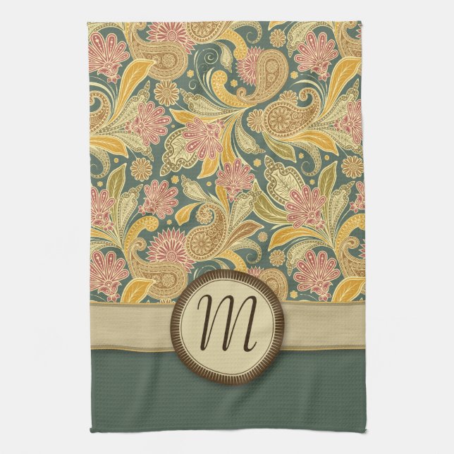 Paisley and Fan Flowers with Monogram Kitchen Towel (Vertical)