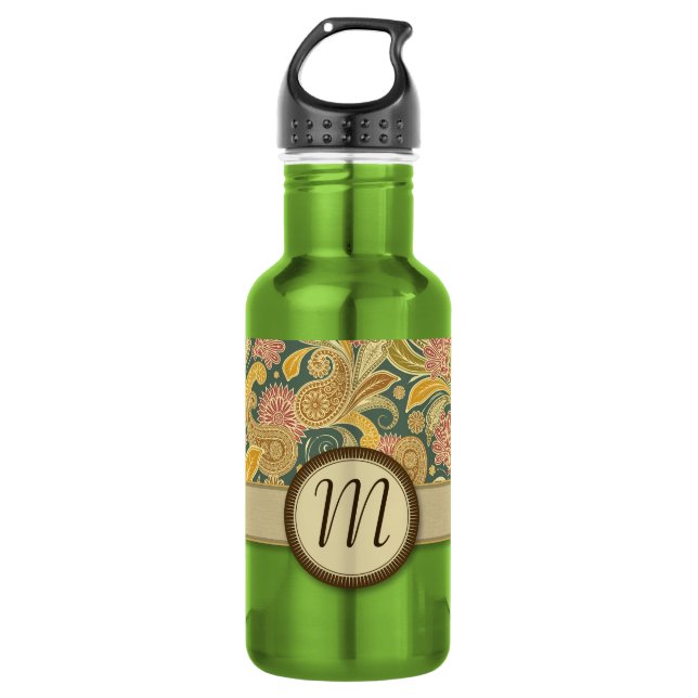 Paisley and Fan Flowers with Monogram Water Bottle (Front)