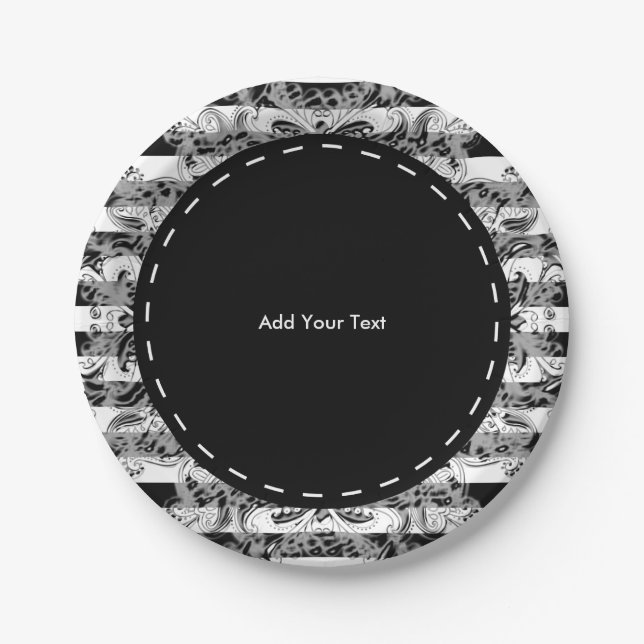 Paisley and Stripes  Pattern | Black, White & Gray Paper Plates (Front)