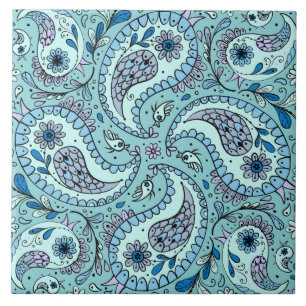 Paisley birds in baby blue ceramic tile