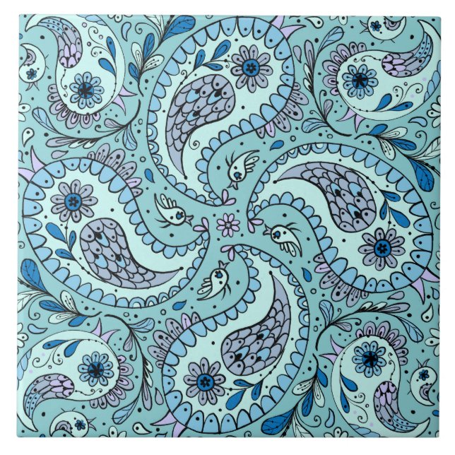 Paisley birds in baby blue ceramic tile (Front)