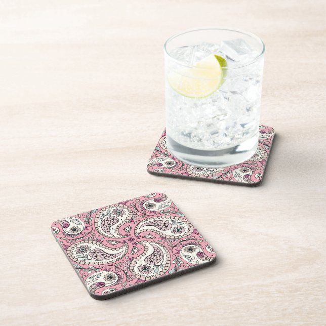 Paisley birds in baby pink beverage coaster (Right Side)