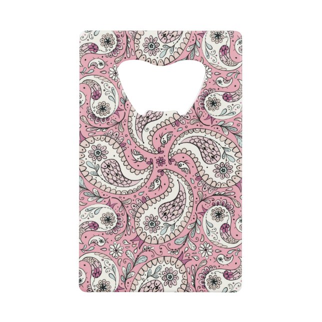 Paisley birds in baby pink credit card bottle opener (Front)