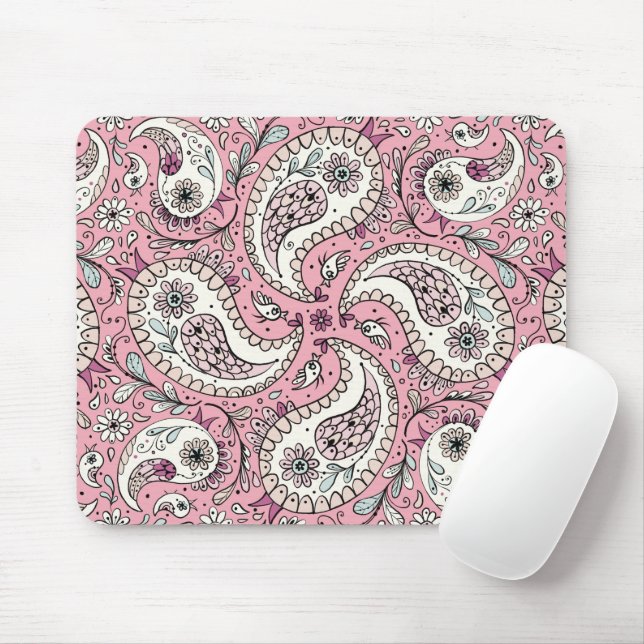 Paisley birds in baby pink mouse pad (With Mouse)