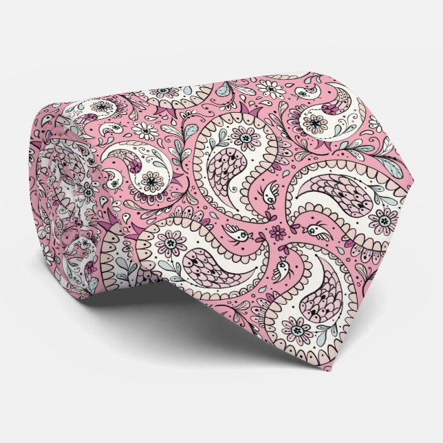 Paisley birds in baby pink neck tie (Rolled)