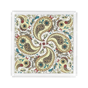 Paisley birds in yellow/brown and white acrylic tray
