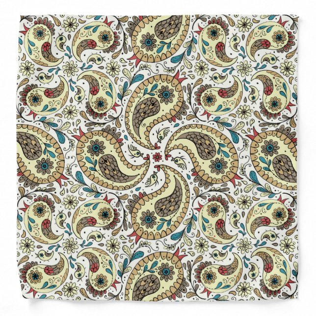Paisley birds in yellow/brown and white bandana (Front)