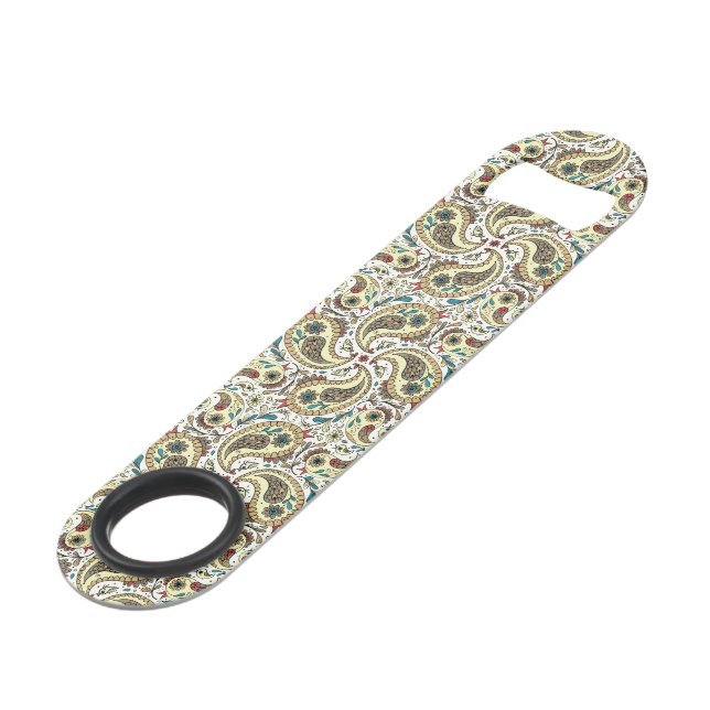 Paisley birds in yellow/brown and white bar key (Front Angled)