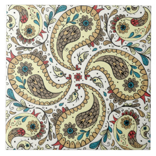 Paisley birds in yellow/brown and white ceramic tile