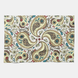 Paisley birds in yellow/brown and white kitchen towel