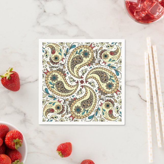 Paisley birds in yellow/brown and white napkins (Insitu)