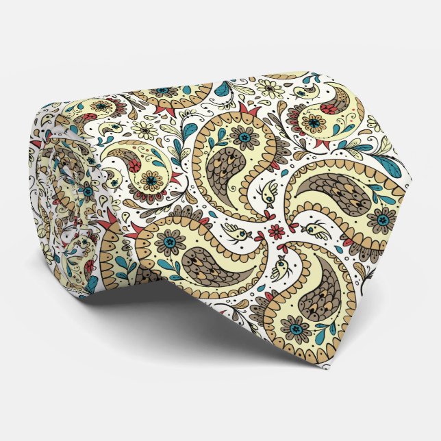Paisley birds in yellow/brown and white neck tie (Rolled)