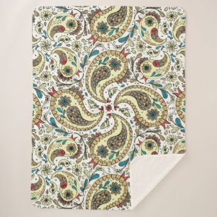 Paisley birds in yellow/brown and white sherpa blanket