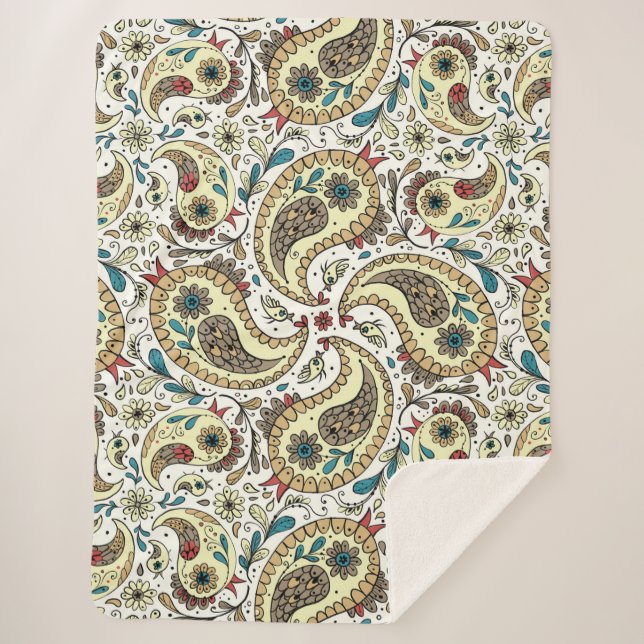 Paisley birds in yellow/brown and white sherpa blanket (Front)