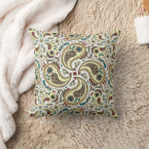 Paisley birds in yellow/brown and white throw pillow
