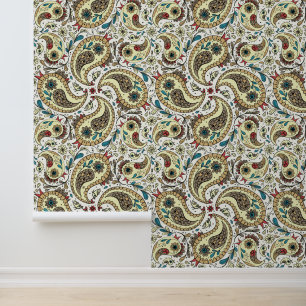 Paisley birds in yellow/brown and white wallpaper