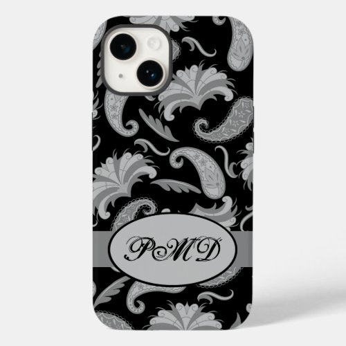 Paisley Black Grey Modern Monogram Name  Case_Mate iPhone 14 Case