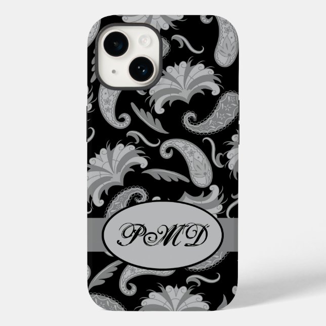Paisley Black Grey Modern Monogram Name  Case-Mate iPhone Case (Back)