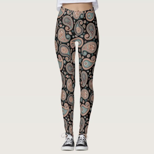 Paisley Black teal elegant yoga pants
