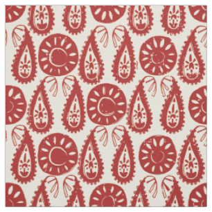 paisley block red ivory fabric